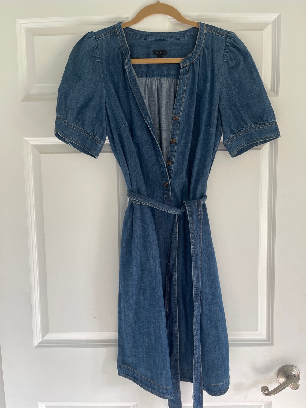 Talbots Blue Denim Button-Front Tie-Waist Dress
